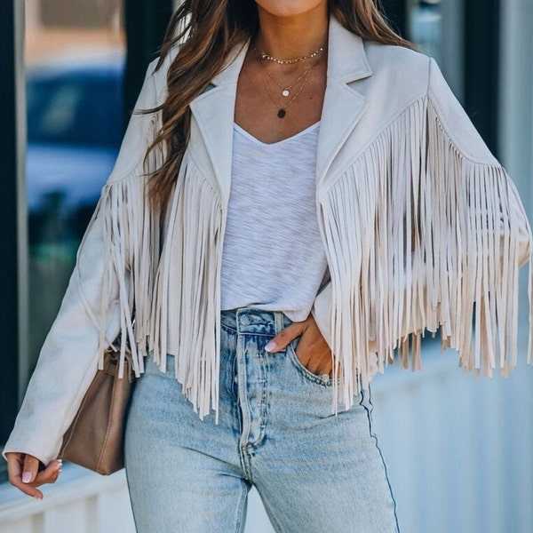 Veste à franges en cuir d'agneau véritable blanc pour femme, veste à franges de style occidental en cuir véritable pour femme, veste de festival