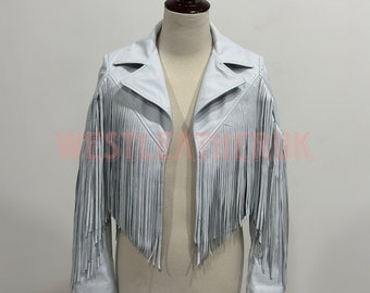 Handmade Women's White Lambskin Soft Real Leather Fringed Jacket, Real Leather Fringed Jacket, Western Leather Jacket