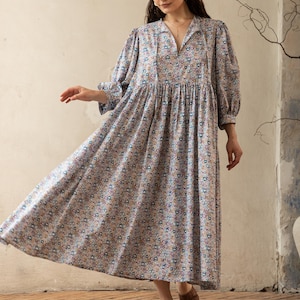 Summer boho dress cotton, floral cottagecore maxi dress, vintage midi dress with puffy sleeves, goddess fantasy dress