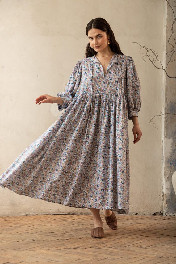 vintage floral boho dress Boho Floral Maxi Dress: Vintage Green Cottagecore Sundress