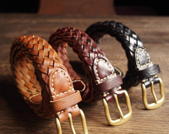 Italian Vegan belt handmade Braid leather belt| brass buckle genuine| Unisex Belt|  luxury handcrafted gift for casual wear men women