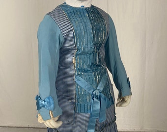 Antique Costume for a girl 3-4 years old, 1875-1880 (the period of wearing Turnurs). Blue checkered wool and blue silk toile.