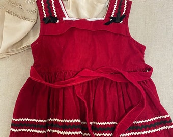 Vintage Dress for a Doll, 1950, Europe. Sundress dress made of red corduroy. For a doll with a “body”. Height of the doll is 65-85 cm.