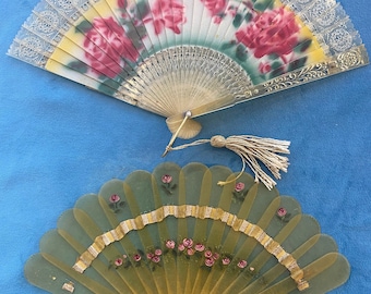 Two Antique Fans, 1920, Kina. Plastic. Rose drawing. In a good condition. Dimensions: 22 and 17 cm.