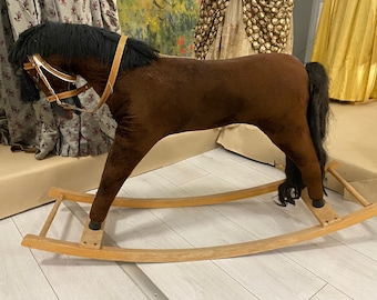 Antique Rocking Horse Toy, circa 1940-1950, Europe. Fabric - brown plush. There is a bridle. Beautiful for decorations, or for puppeteers.