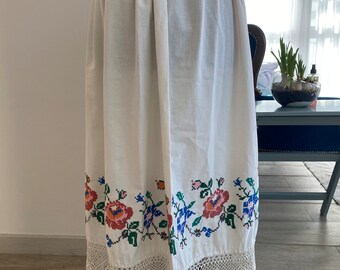 Antique Skirt With Embroidery, 1900-1930, Poland. Handmade towel. Drawing - &quot;red roses and blue irises.&quot; White sweater. Hand-knitted lace.9