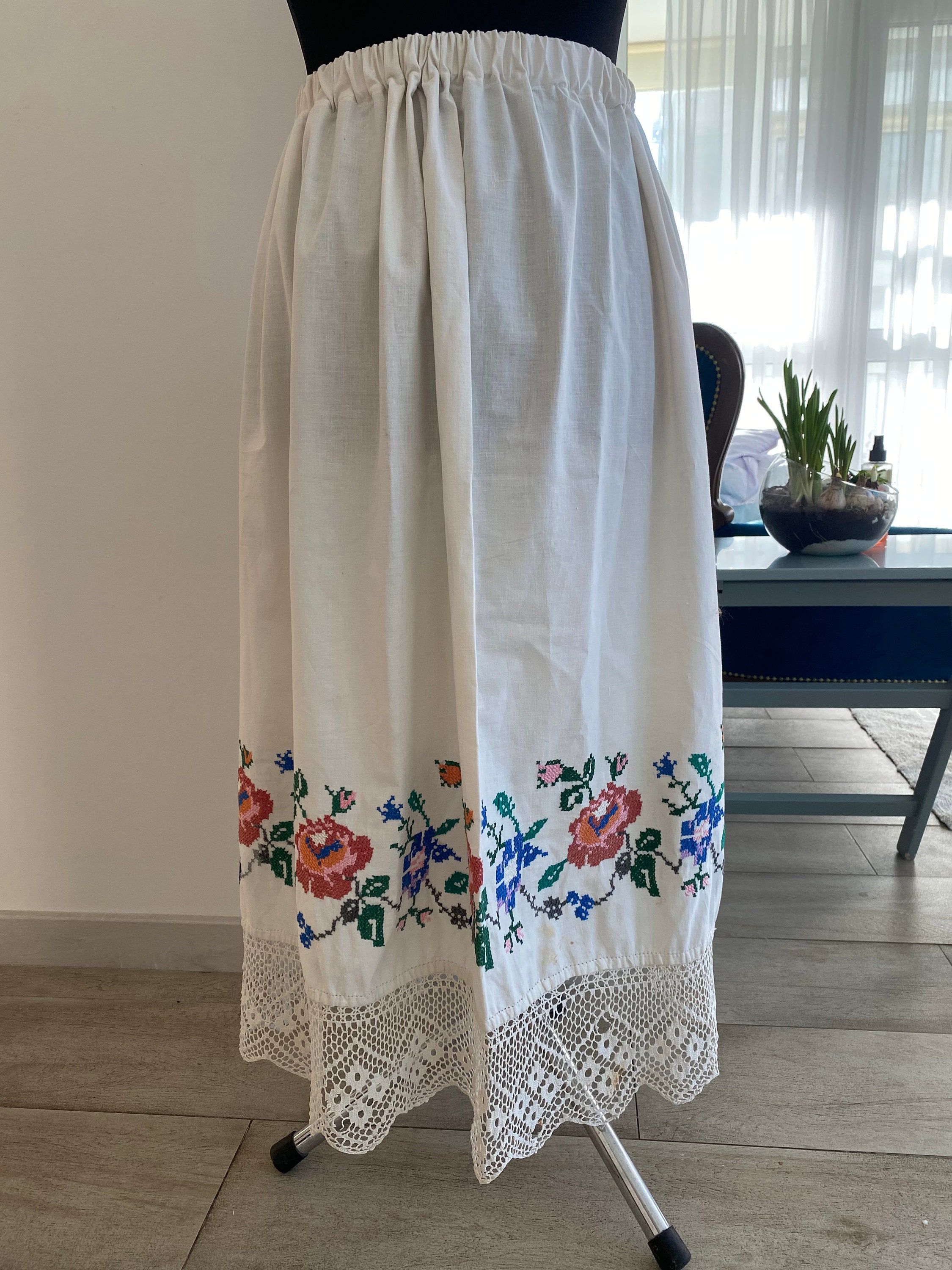 Antique Skirt With Embroidery, 1900-1930, Poland. Handmade towel. Drawing - "red roses and blue irises." White sweater. Hand-knitted lace.9