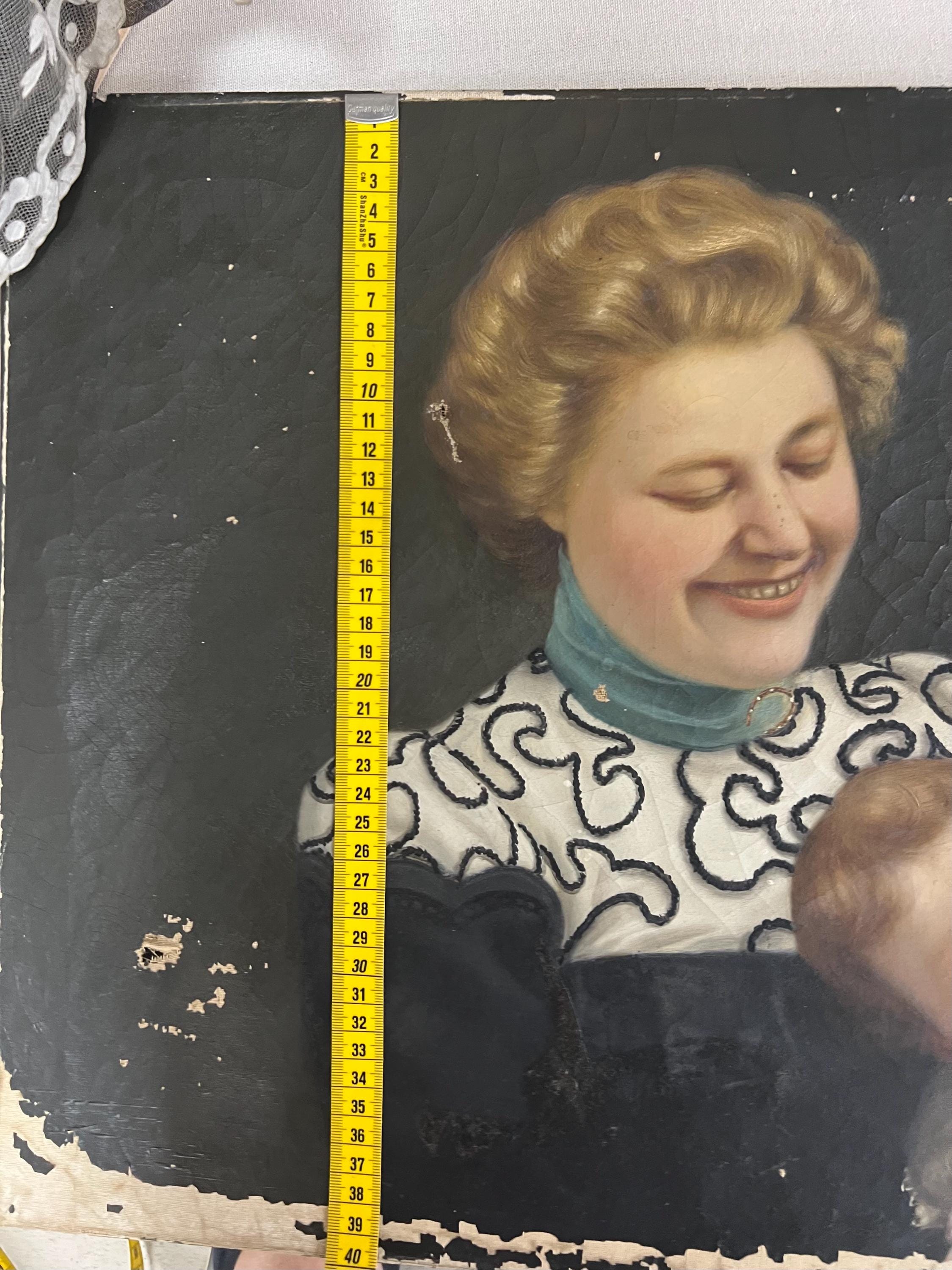 古いアンティーク絵画「母と子」1900-1905-1910。古い作品。キャンバス