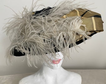 Vintage Straw Hat with yellow checkered bows, circa 1930-1960, Europe. White ostrich feathers and 2 flowers with  57