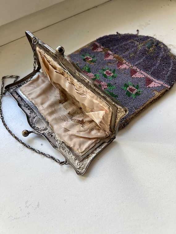 antique women's handbag 1900 -1920 Europe, Beaded handbag with embroidery on both sides, pattern "flowers on a lilac background" metal clasp