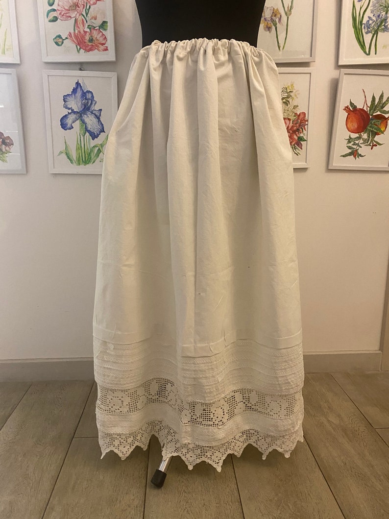 Antique Simple Peasant Petticoat. Approximately 1900-1930, Europe. Fabric thick white cotton. Two rows of hand knitted lace. image 2