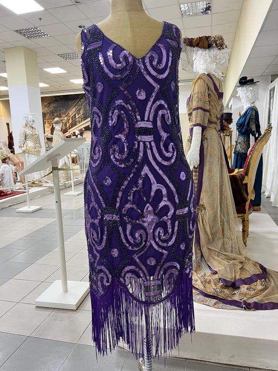 purple fringe flapper dress Dress - Copy 1920 for Parties. Beautiful Embroidery Poets Color Beautiful  Purple. Wide Fringe on the Niche. Dress on a Thin Knitted Lining