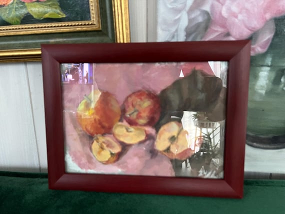 bright picture Austria. Watercolor "Red apples" in a mahogany frame. Size with frame 25 by 20 cm. Glass can be pulled out. The picture is sm