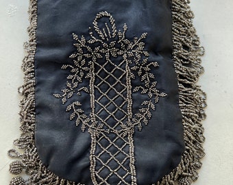 antique women's handbag 1890-1900 Europe, Fabric is thick black silk with a dark blue tint. The color is beautiful and interesting, there ar
