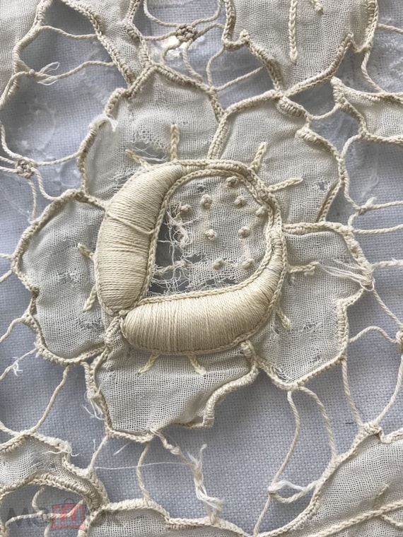 Antique Tablecloth, or Bed Cover, or Curtain, 1800-1920, France. Unusually beautiful, museum-quality embroidery! "Lumpy" embroidery.
