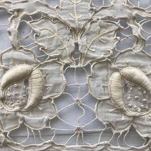 May include: Close-up of a delicate white lace fabric with intricate floral designs. The fabric features a repeating pattern of flowers with raised centers and a fine mesh background.