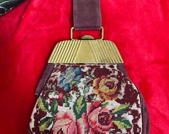 Handbag, 1950. Russia. Handbag with one handle, loop, red suede. Tapestry fabric on the front. Rose pattern. Interesting handbag, but it has