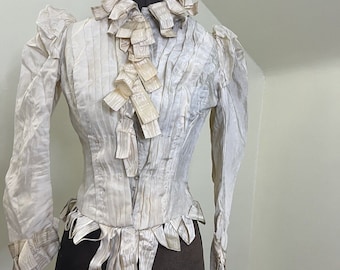 This antique silk bodice from the 1880s exudes the classic elegance of the Victorian era. The bodice is perfect for collectors of vintage cl