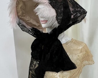 Antique black shawl, 1900-1920, vintage fine lace. European. Purchased in England. Length 2.50 cm, width 33 cm. In good condition. Beautiful
