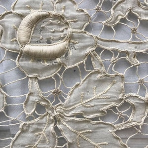 May include: Close-up of a delicate white lace fabric with a floral design. The lace features intricate stitching and a delicate, airy texture.