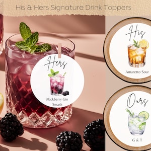His and Hers Signature Cocktail Drink Toppers, Oblatenpapier, Personalisiert, Hochzeitsdekor, Benutzerdefinierte Braut & Bräutigam Getränk, Barkarte, Cocktailstunde