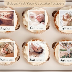 Eetbare polaroid-cupcaketoppers baby eerste jaar, mijlpalen eerste verjaardagsfeestje baby Wafelpapier, gepersonaliseerde afbeeldingen voor taarten, koekjes
