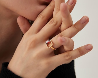 Dainty Garnet Ring: 18k Gold Plated Sterling Silver Open Ring