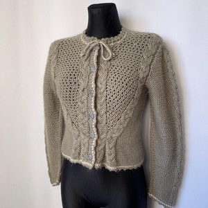 Vintage Handmade Wool Cardigan Romantic Medieval Bavarian Fitted Sweater, Button-Up, Gray Beige Taupe, Dirndl Austrian Traditional Style