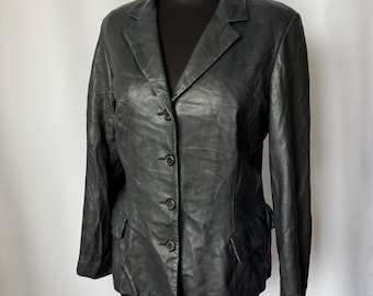 Jaeger Vintage 90er Jahre Weiches Schwarzes Leder ausgestattet Jacke Damen Blazer Y2K