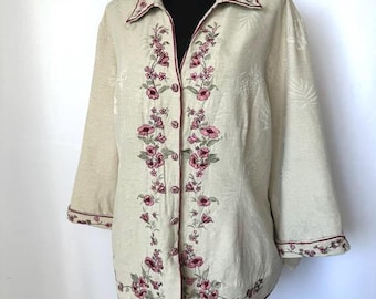 Silkland Silk Blouse Jacket | Pink Floral Embroidery | Boho Asian Style Button Down | Beige Summer Blazer Women's 2X