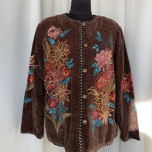 Indigo Moon Boho Grunge Cardigan Jacket with Floral Sequin Embroidery – Vintage Style Embroidered Button-Down Hippie Festival Jacket size L