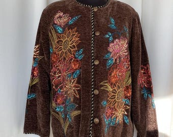 Indigo Moon Boho Grunge Cardigan Jacket with Floral Sequin Embroidery – Vintage Style Embroidered Button-Down Hippie Festival Jacket size L