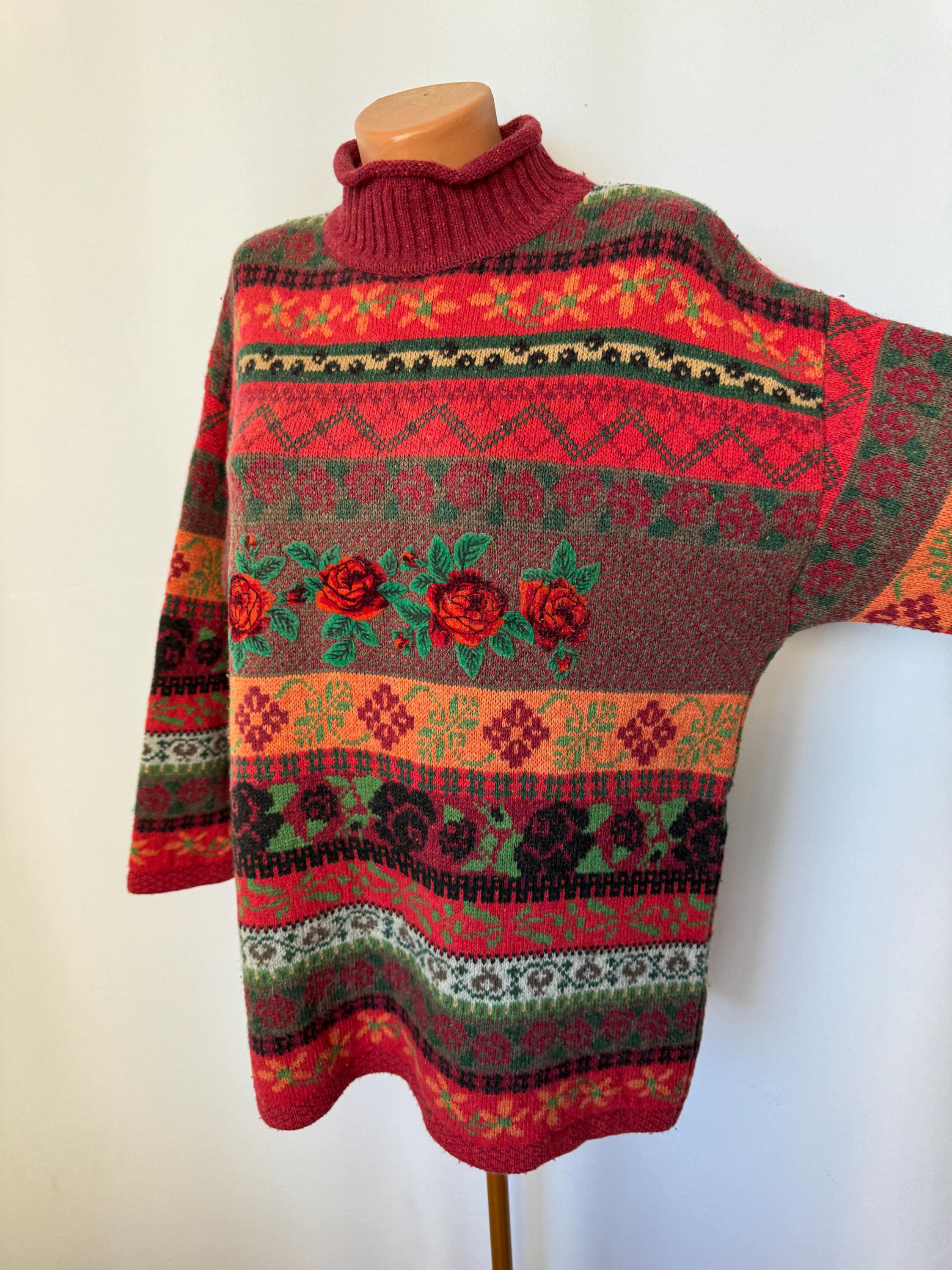 Vintage Penny Pull Multicolored Embroidered Striped Wool Angora