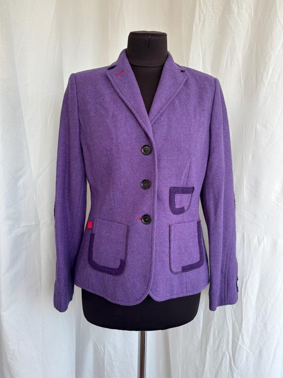 Vintage Feldpausch Tweed Blazer | Purple Wool Jacket with Elbow Patches | Retro Funky Mad Hatter Style Violet | Size 40