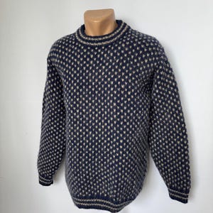 Puede incluir: Un suéter azul marino con un patrón repetido de pequeñas formas de color claro. El suéter tiene cuello redondo y puños y dobladillo acanalados. El cuello y los puños presentan una raya de color claro en contraste.