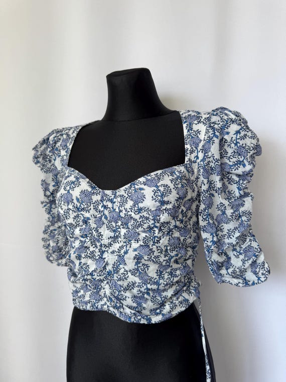 Isabel Marant Étoile Galaor Top | Cropped Blue Floral Cotton-voile