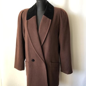 Vintage Chocolate Brown Wool Cashmere Double-Breasted Coat with Black Velvet Accents Retro Made in West Germany 80s 90s