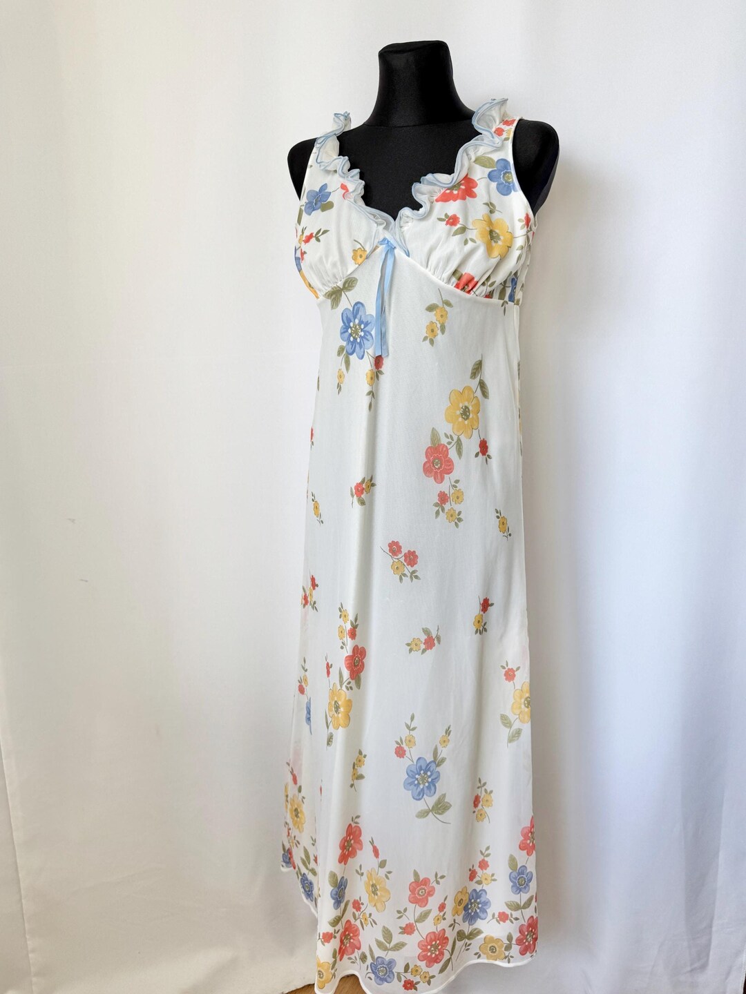 St. Michael White Maxi Slip Dress Romantic Floral Nightgown With ...