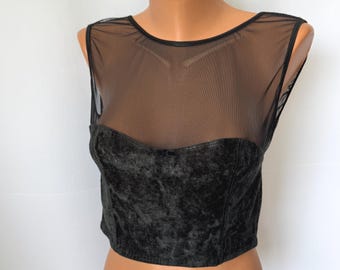 Hanro of Switzerland Vintage zwart fluwelen crop top met mesh | Retro korsetblouse uit de jaren 80 en 90 | Feestelijke rave-look in gotische stijl, maat 40