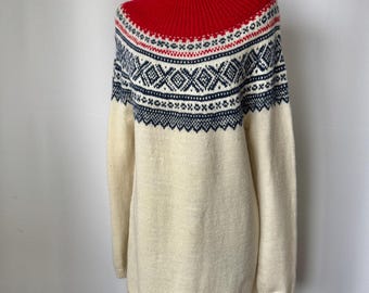 Vintage Handmade Icelandic Lopapeysa Sweater | Cream & Red Wool Long Jumper Tunic
