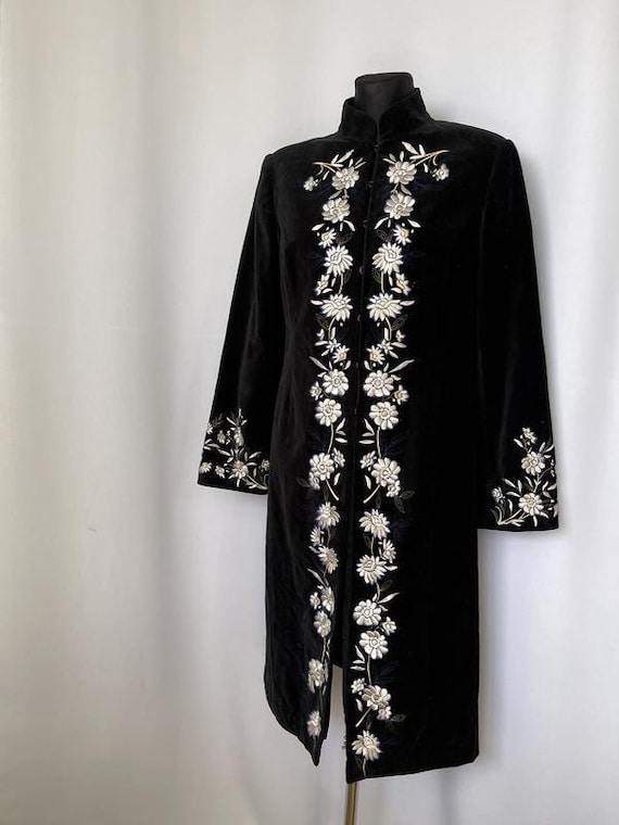 Laura Ashley Black Velvet Coat With Embroidery Elongated Victorian