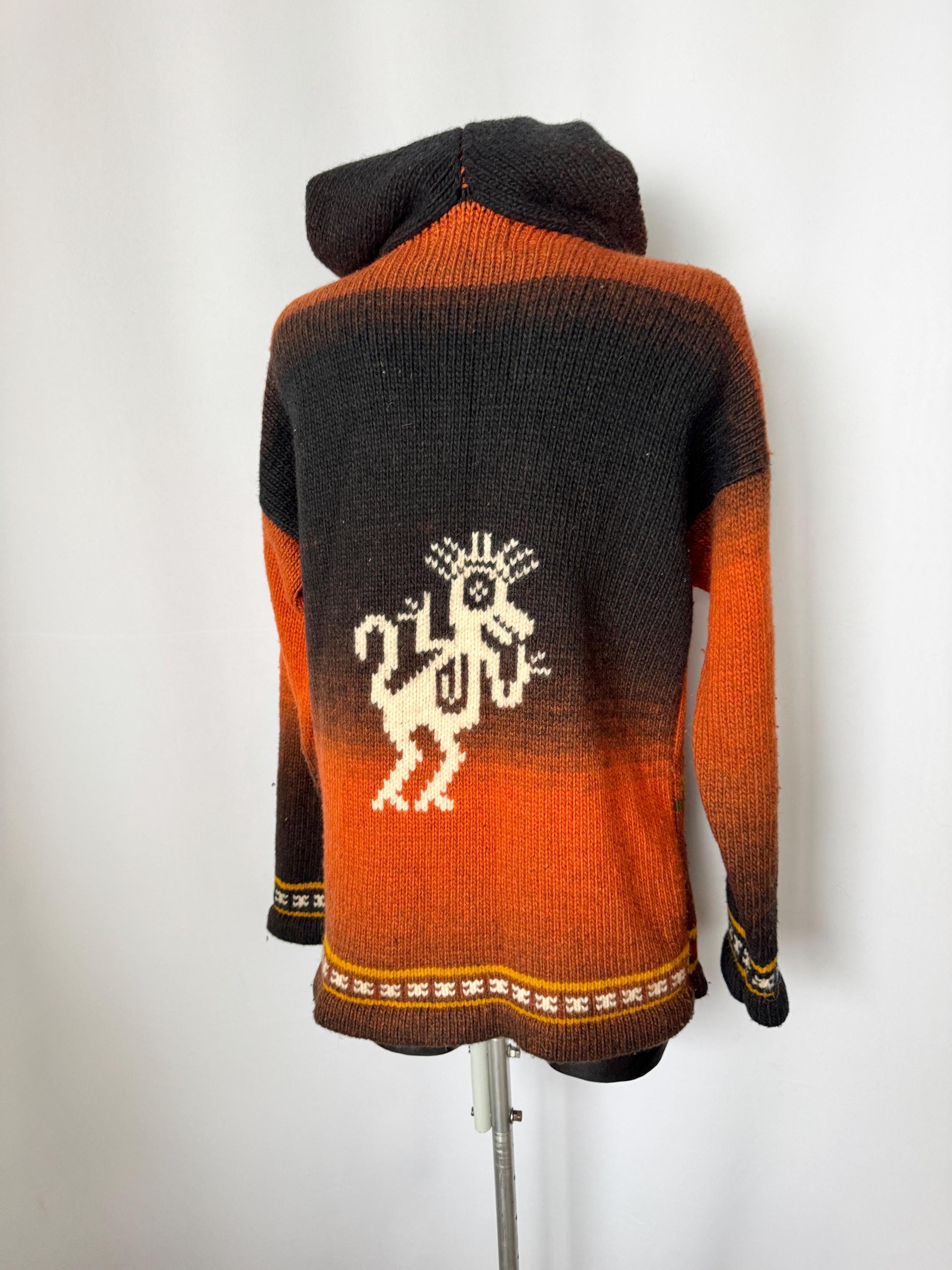 Ecuador Knitwear Peaked Hood Knit Jacket | Orange & Black Boho 