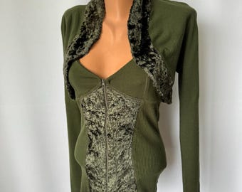 Tua Nua Vintage Y2K 2000s Two-Piece Set – Khaki Green Ribbed Knit Tank Top & Bolero, Wool Blend Top Blouse Grunge Style Fitted Knitwear