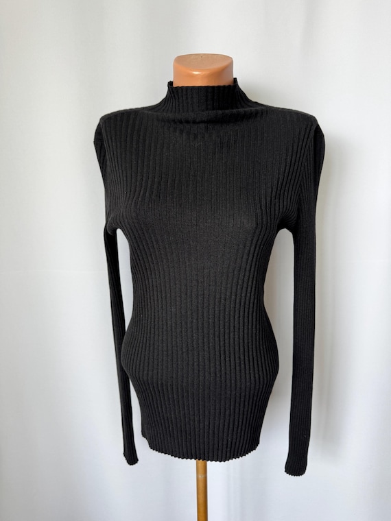 Brunello Cucinelli, Brunello Cucinelli Vintage Cashmere Silk Turtleneck | Black Ribbed Knit Italy S