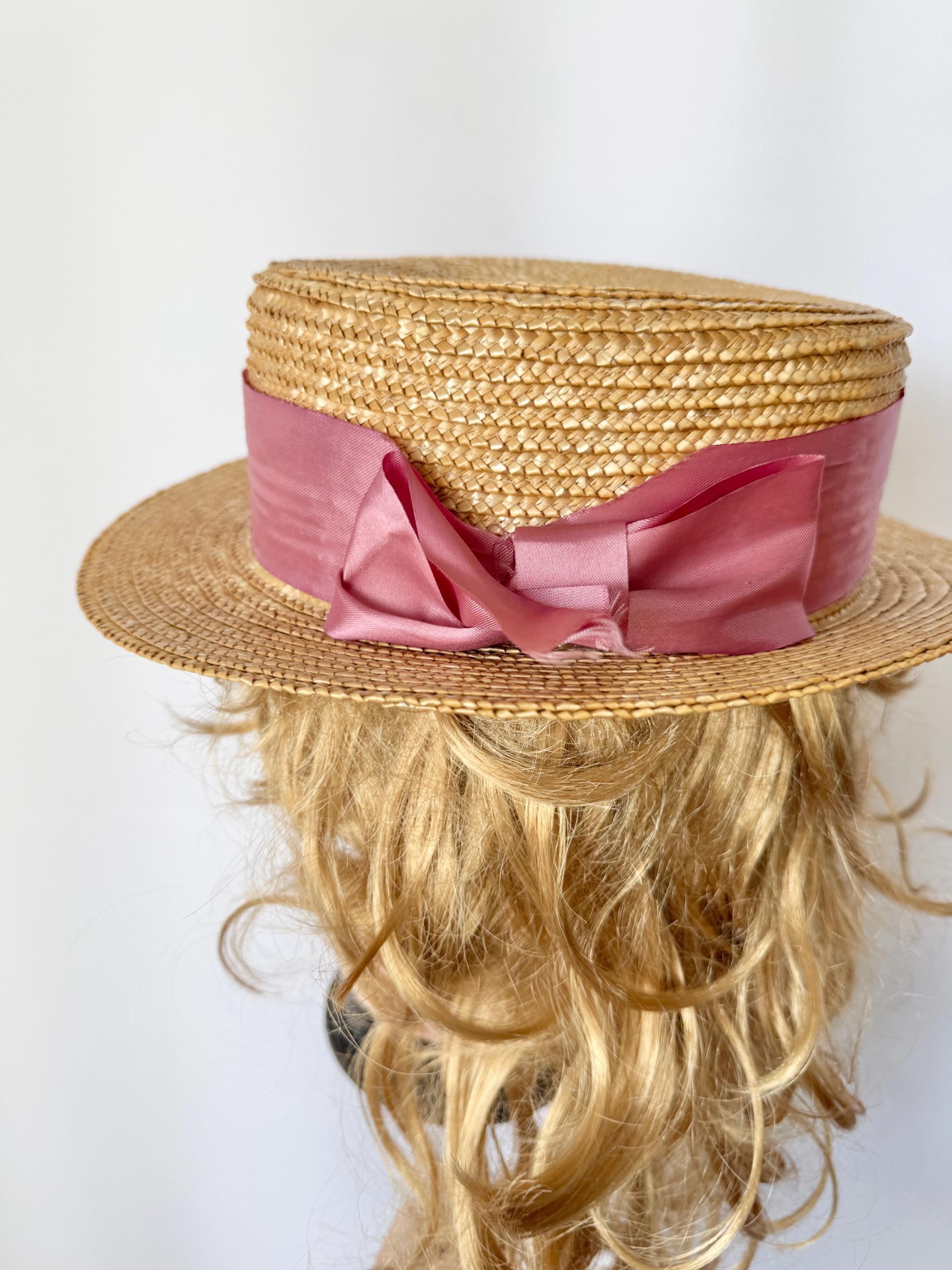 帽子 Plump ribbon canotier Vintage Straw Summer Canotier Boater Hat With Pink Ribbon the