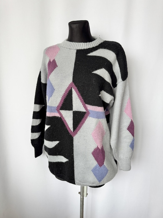 Vintage 80s 90s Handmade Wool Knitted Funky Sweater Gray Black Geometric  Color Block Jumper Retro Style Pastelle Pattern Oversize