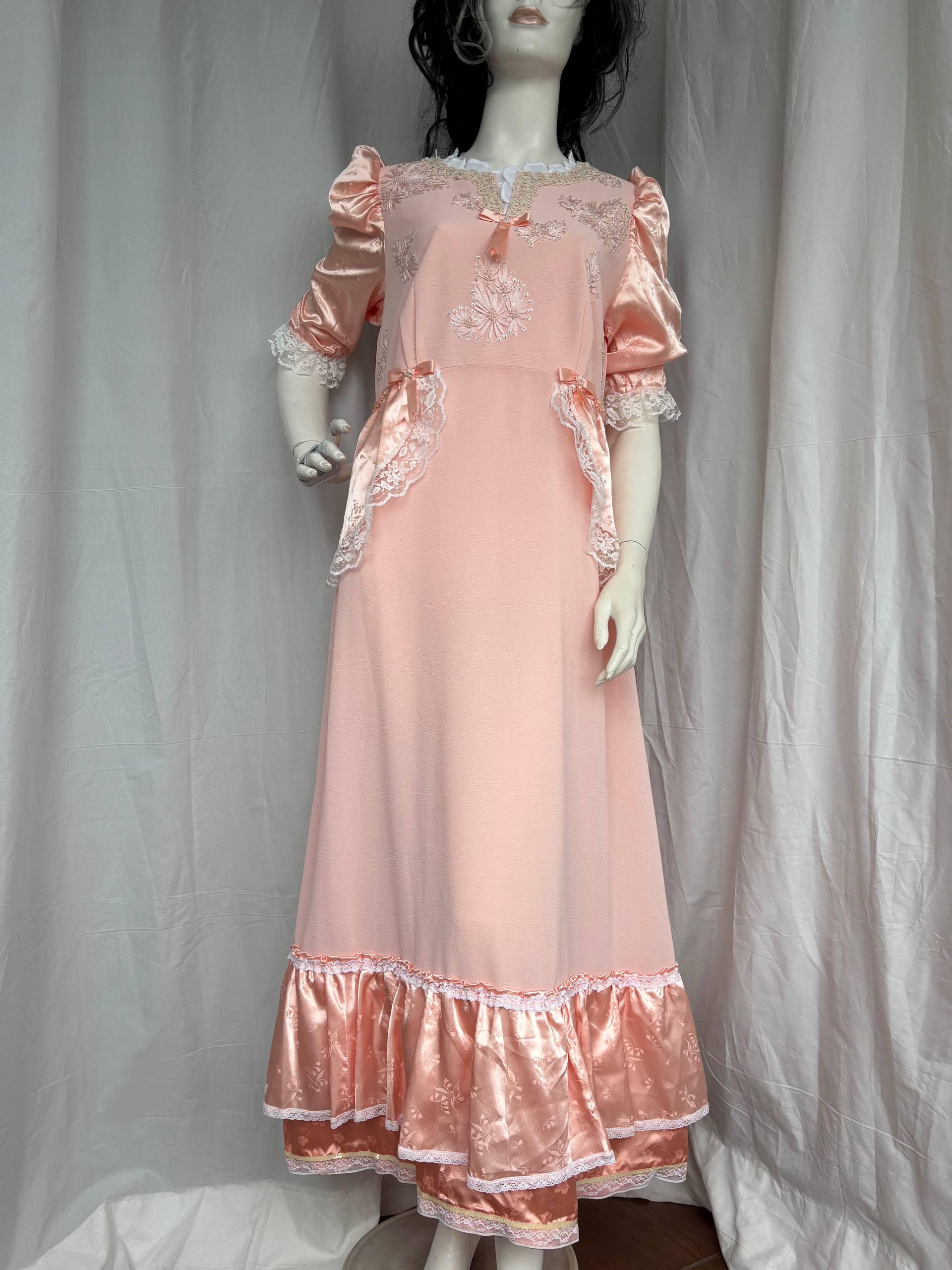Vintage Jessica Howard Maxi Dress | Peach Pink Lace Trim Princess Gown | 80s 90s Cottagecore Romantic Long Retro Dress
