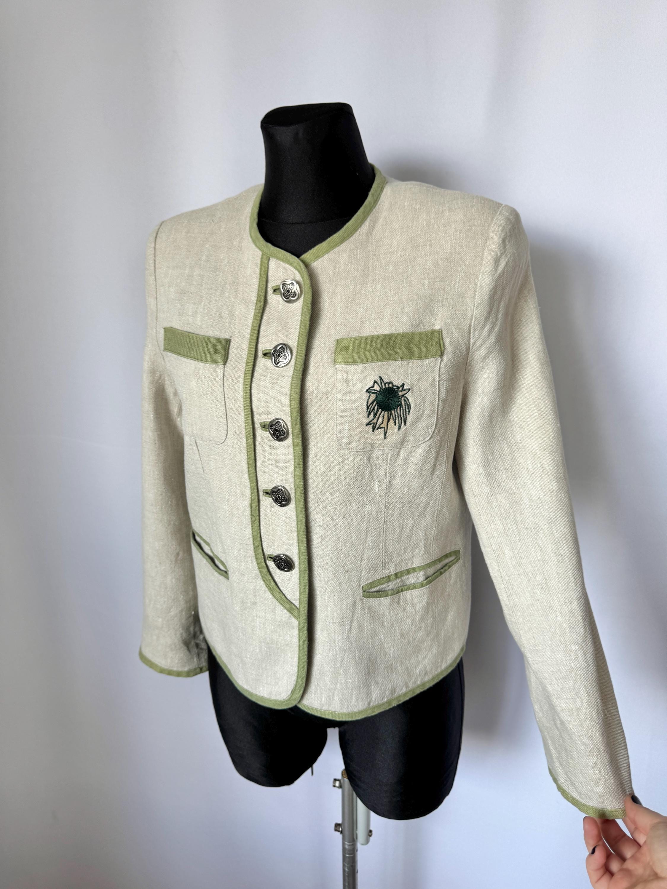Vintage Nockstein Trachten Jacket – Beige Linen Cropped Alpine