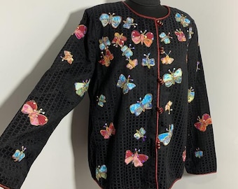Indigo Moon Vintage Jacket Blazer Cardigan Boho Grunge Y2K with Butterfly Appliqué & Sequin Embroidery, Size L
