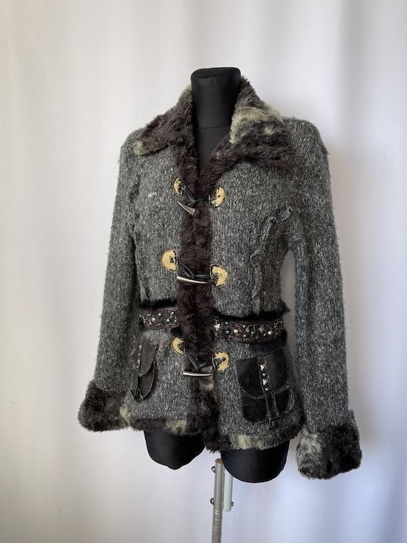 Lissa Paris Grunge Cardigan Gray Sweater Funky Knit With Fur